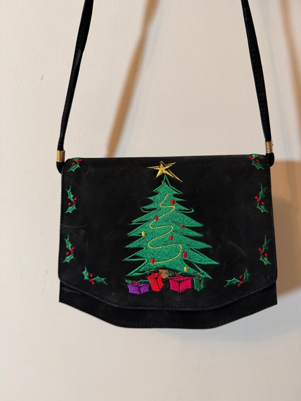 Vintage J. Renee Black Embroidered Christmas Tree Crossbody Bag or clutch